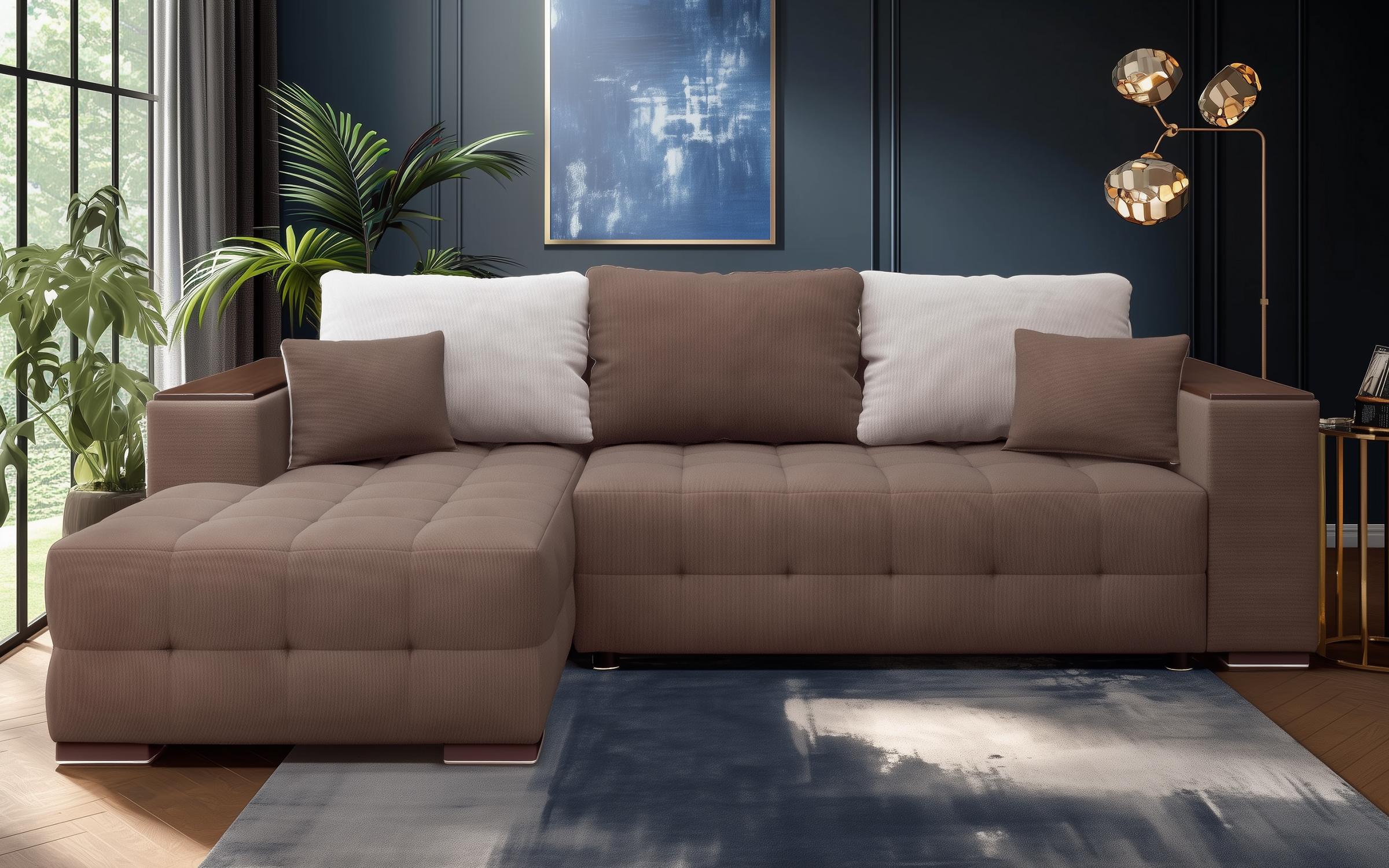Extendable corner sofa with shelf armrest Melvin Spring S, brown + beige  1