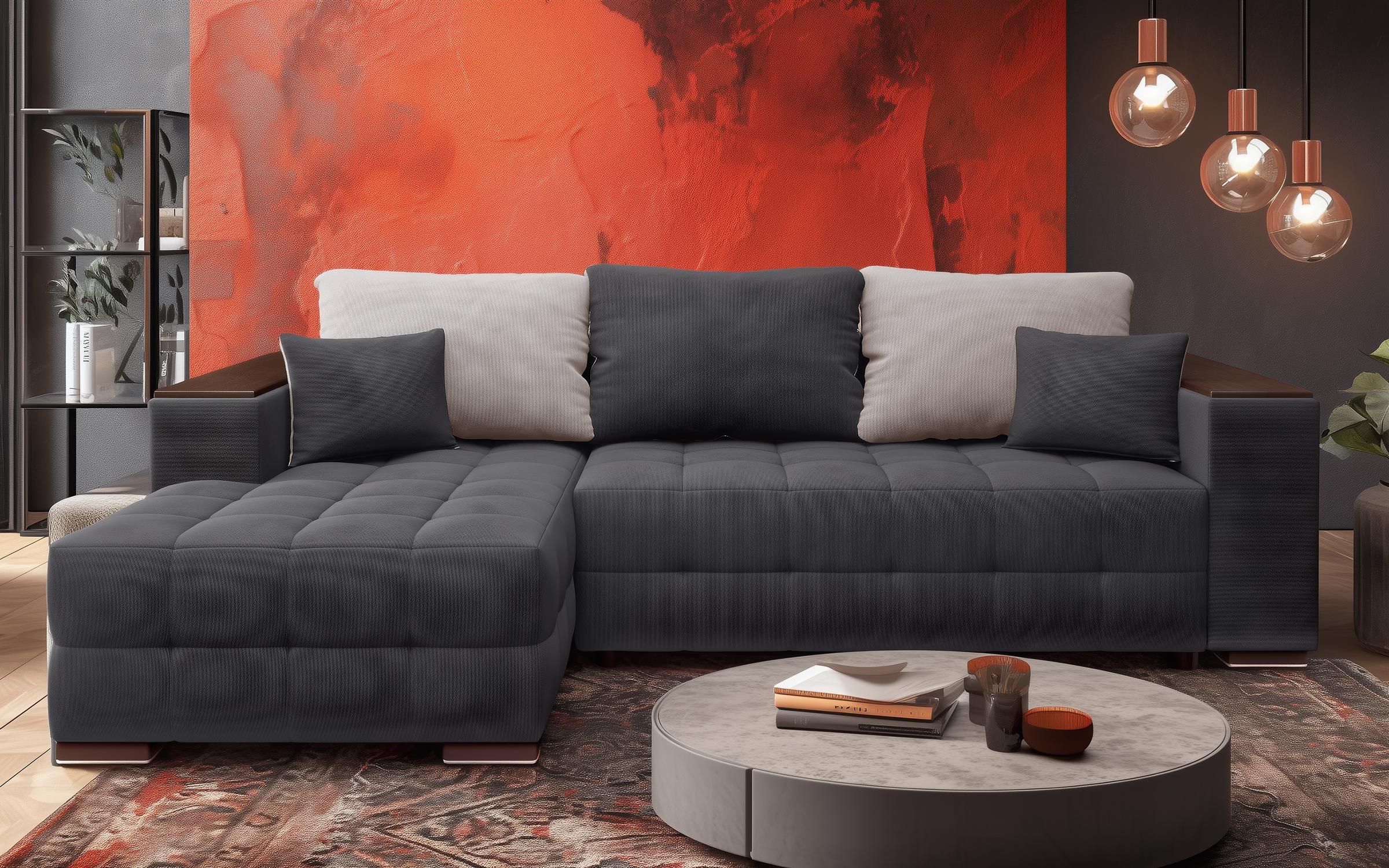 Extendable corner sofa with shelf armrest Melvin Spring S, graphite + light brown  1