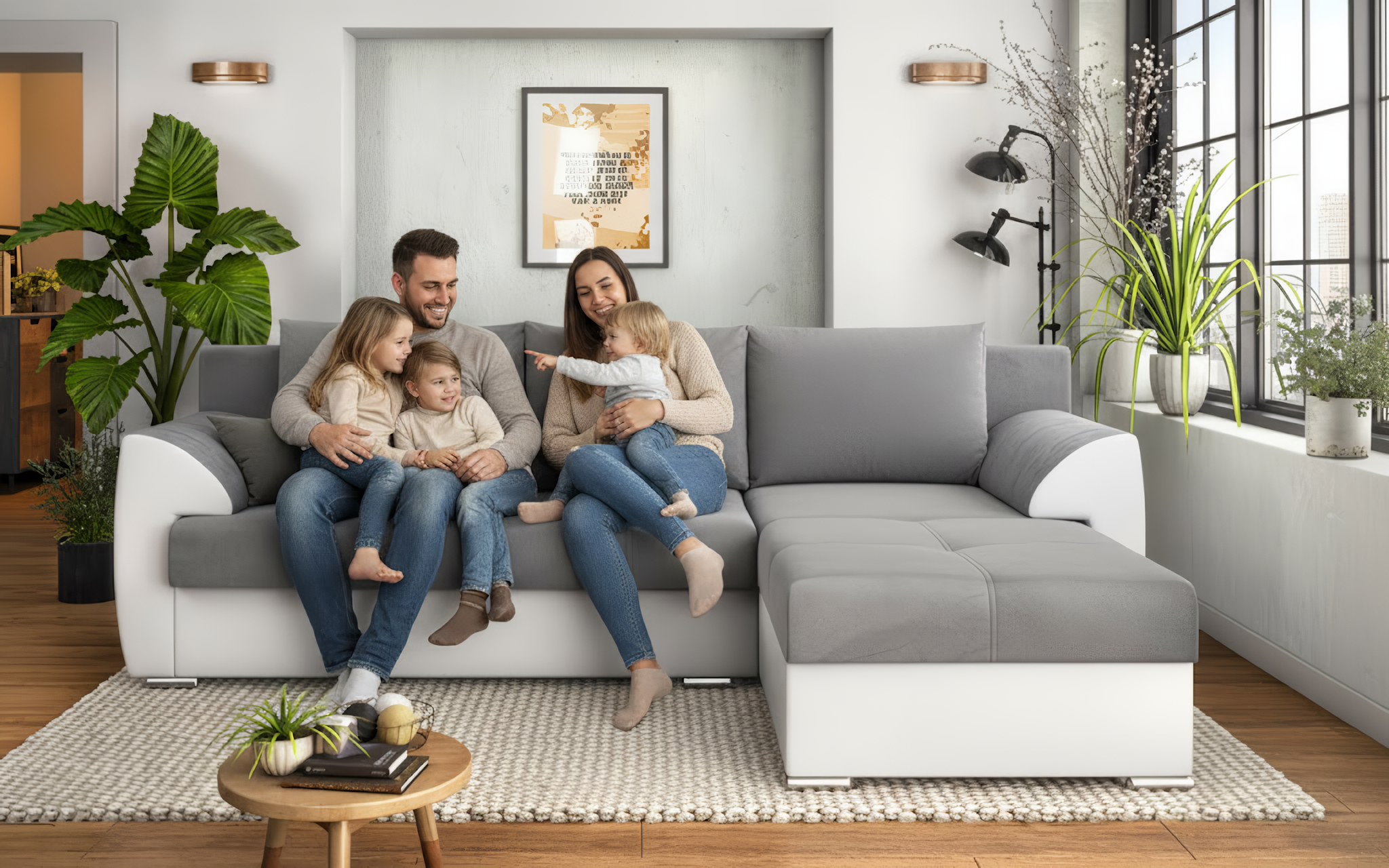 Extendable corner sofa Deman, grey + white leather  3