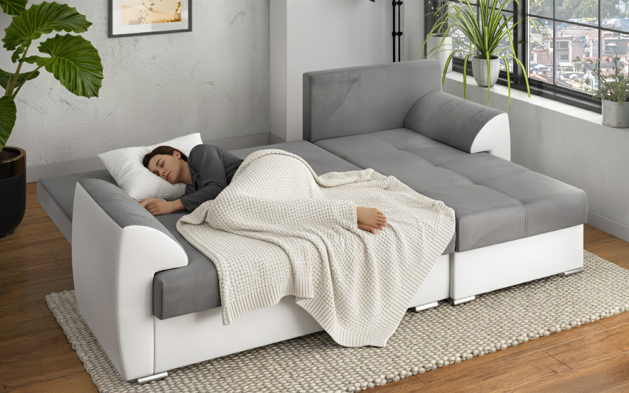 Extendable corner sofa Deman, grey + white leather  4