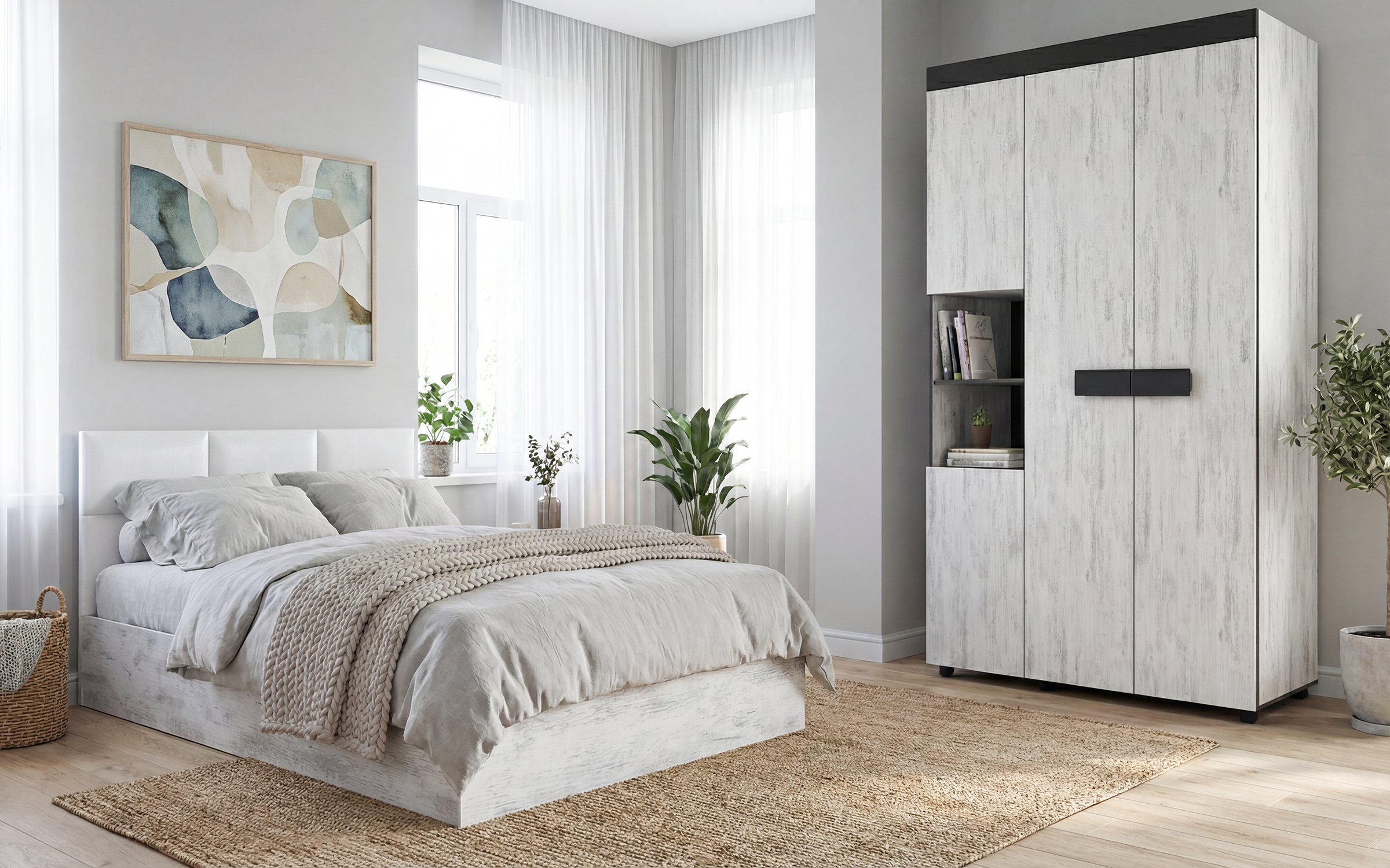 Bedroom furniture set for mattress 140/200 Estel 1, Antique oak + white leather  1