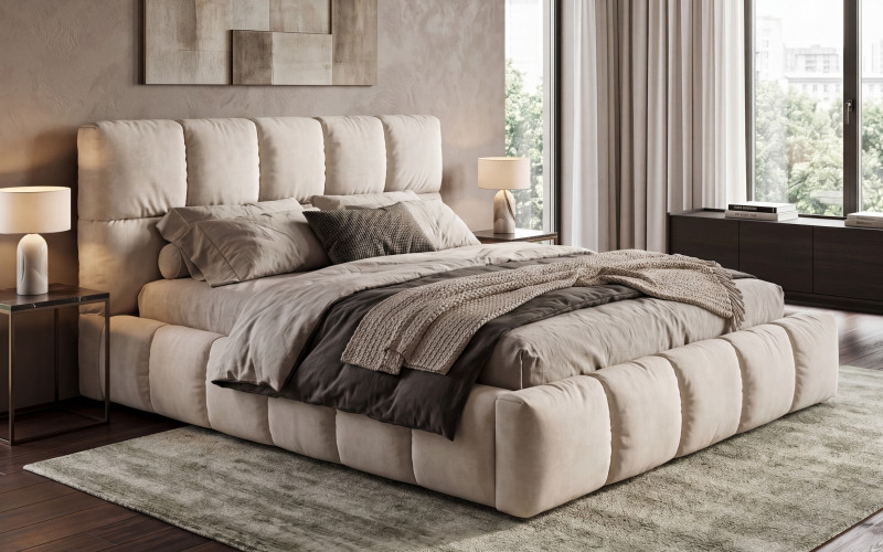 Upholstered double bed for mattress 140/200 Fiorela, beige  1