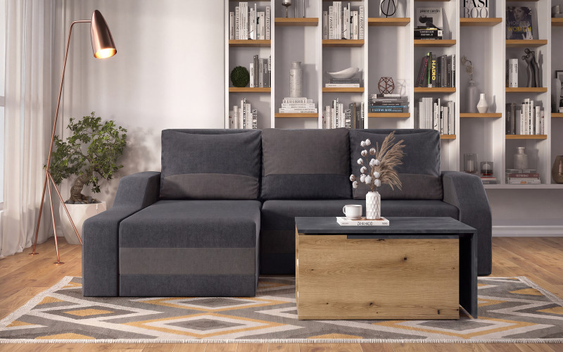 Set Extendable sofa Dallas + coffee table Karuzo, ghraphite + dark grey + Evoke oak + Magma  1