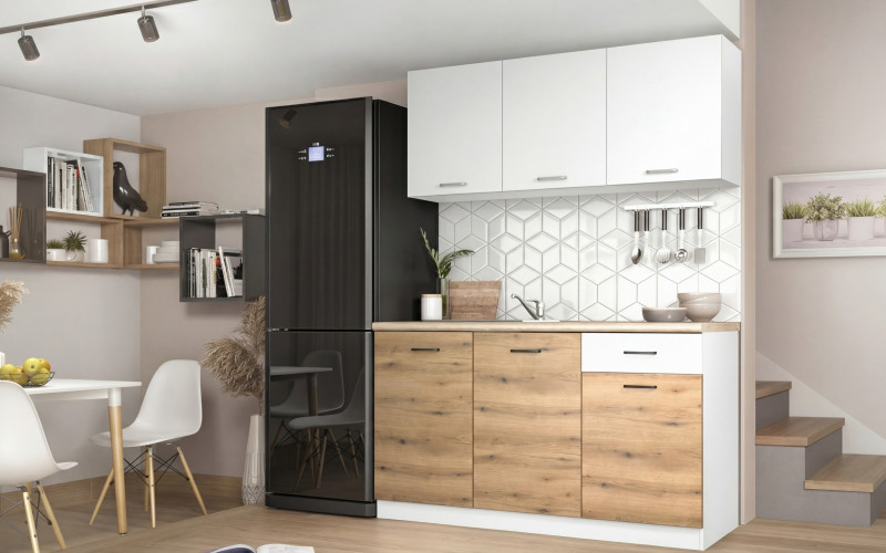 Kitchen with included thermo countertop Lora 5, white + Evoke oak  1