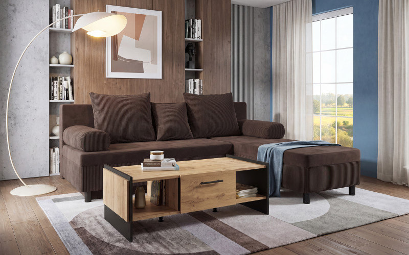 Set Extendable sofa Delano + coffee table Camino IB, dark brown + Wotan oak + black  1