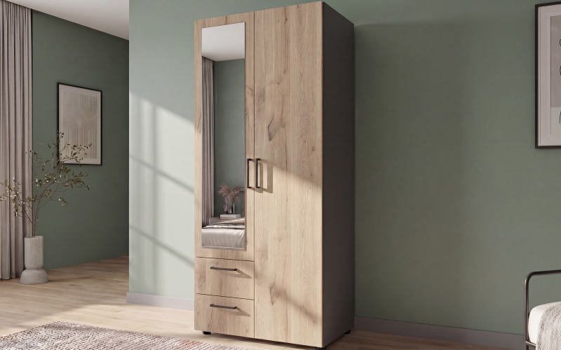Double-winged wardrobe with clothes rod Bruno S 1, anthracite matt + light Scandinavian oak  1