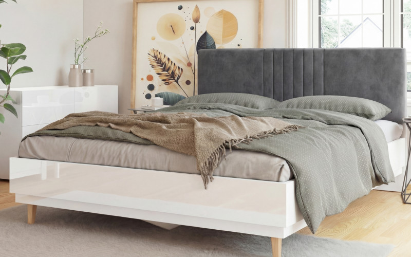 Upholstered double bed for mattress 160/200 Sense, white gloss + grey  1