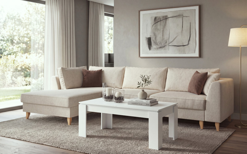 Set Extendable corner sofa Bologna + Coffee table Vitara /extendable/, beige + brown + white matt  1