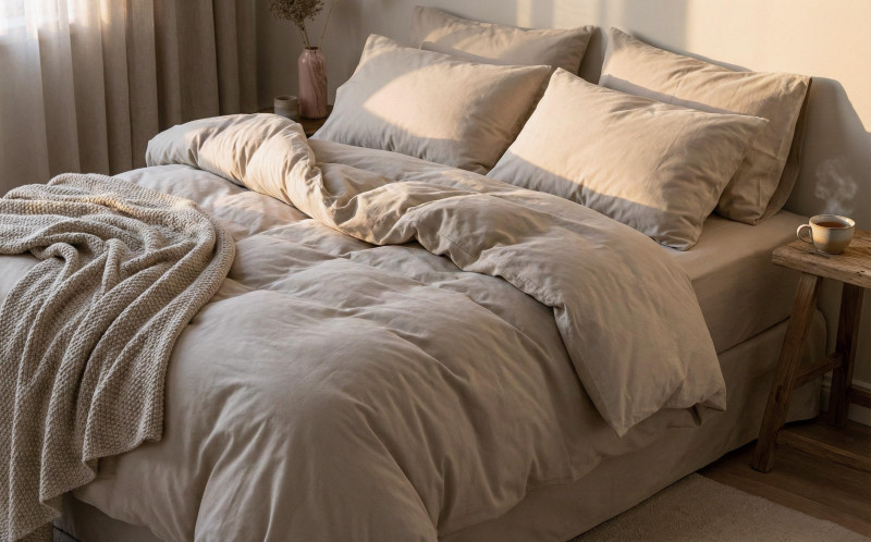 4 предмета 200/220 см.; Ранфорс 100% Хлопок Постельное белье Plain Beige, бежевый  1