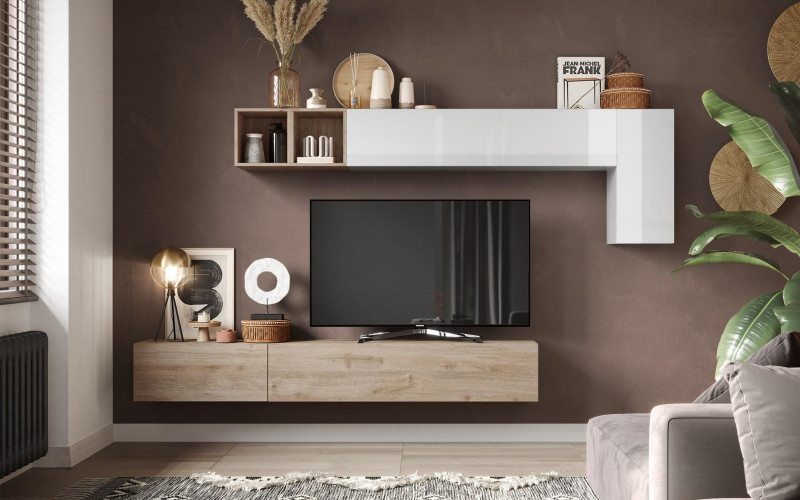 Shelf unit "Bergama" - Italian design, white gloss + Cadiz oak  1