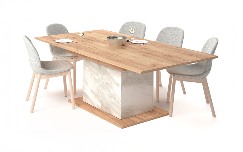 Dining table /extendable/ Selera, golden Craft oak + white marble decor  1