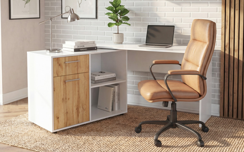 Desk Aster, white gloss + Wotan oak  1