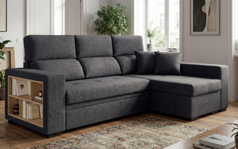 Extendable corner sofa with shelf armrest Astor, dark grey  1
