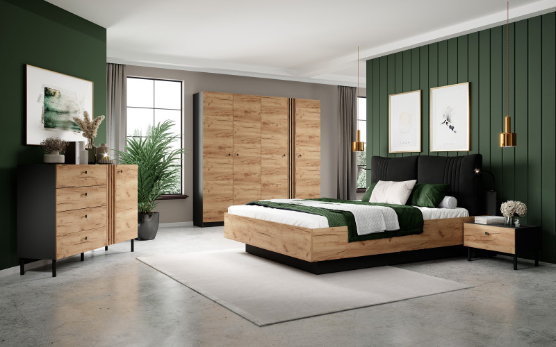 Bedroom furniture set for mattress 160/200 Caleb + LED lights, Golden Craft oak + anthracite  1