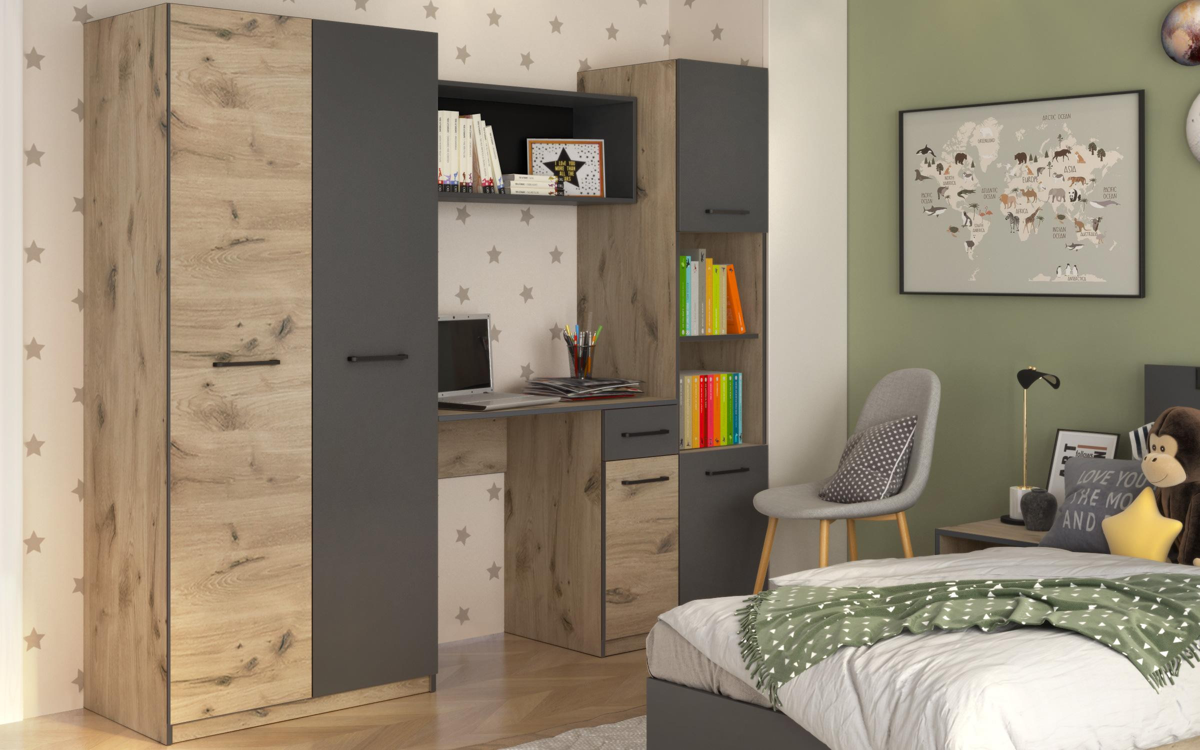 Children's bedroom furniture set Giselle + mattress 90/200, anthracite matt + light Scandinavian oak  3