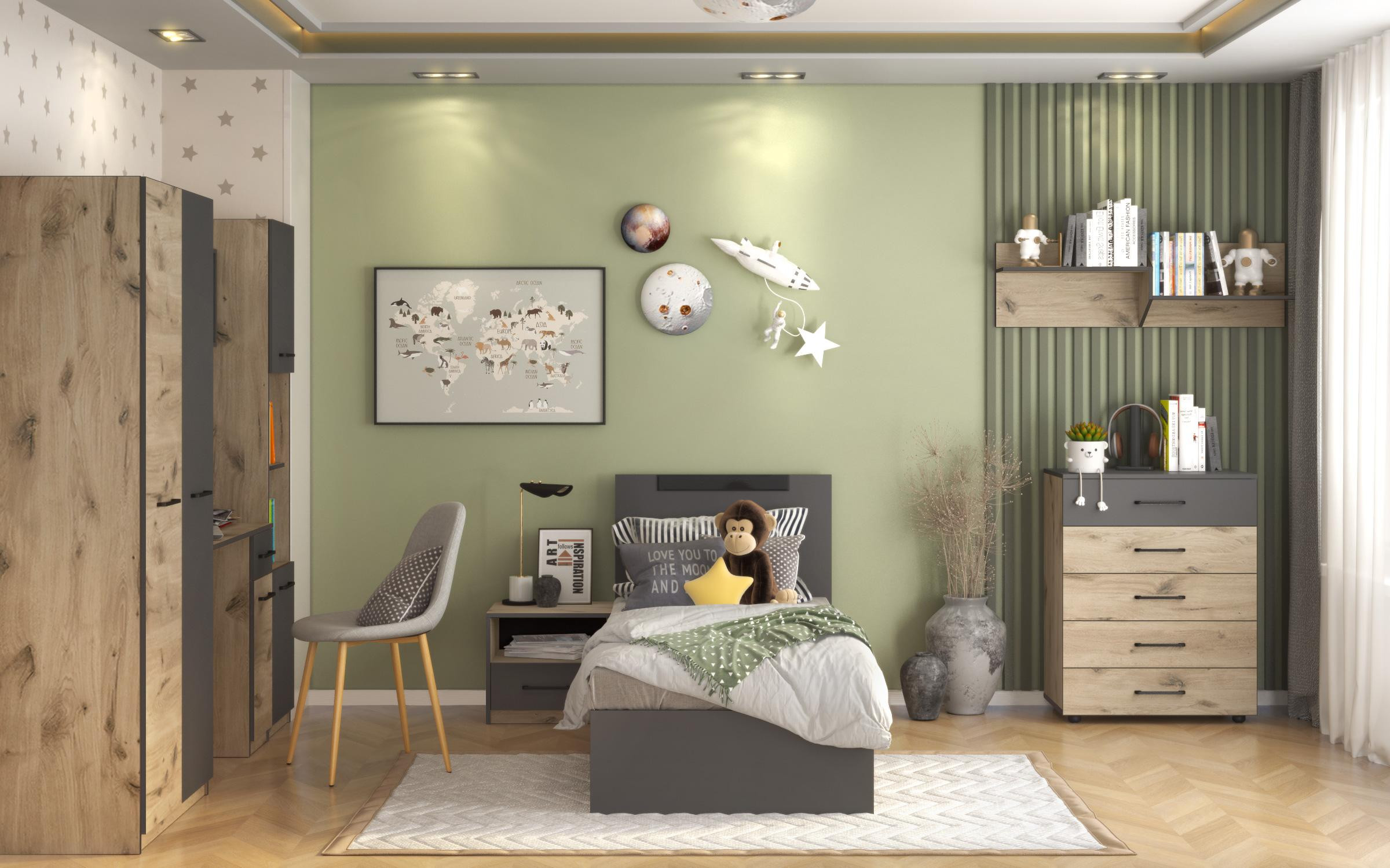 Children's bedroom furniture set Giselle, anthracite matt + light Scandinavian oak  2