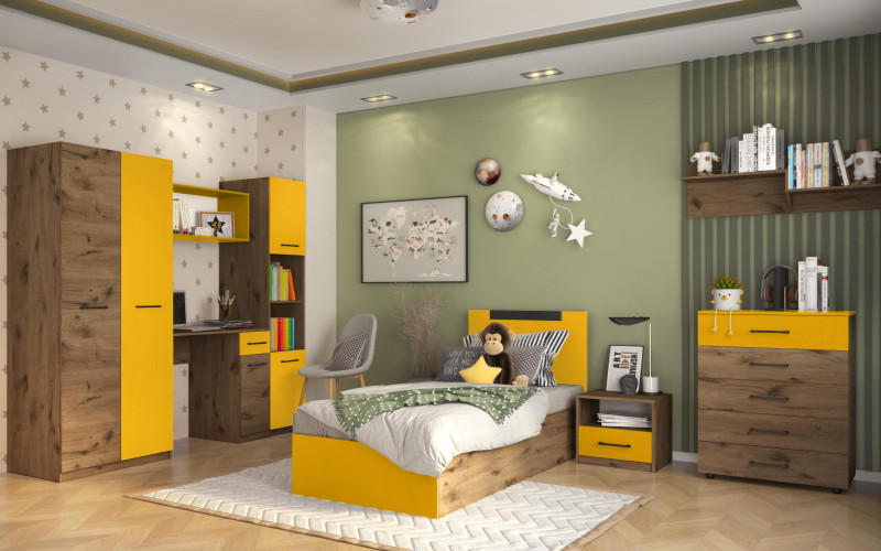 Children's bedroom furniture set Giselle for mattress 90/200, dark Scandinavian oak + yellow  1