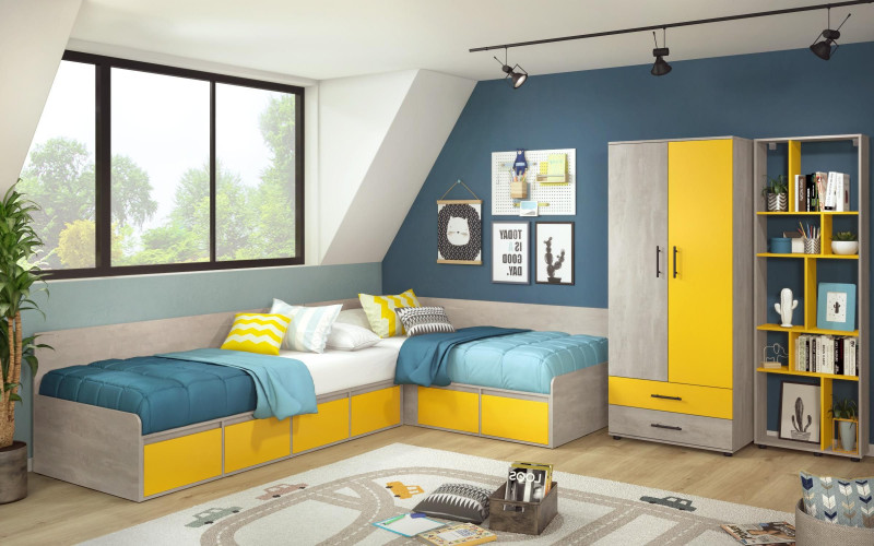 Children`s bedroom furniture set Zaki, yellow shagreen + concrete  1