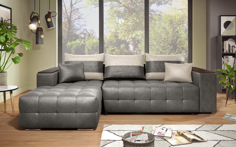 Extendable corner sofa with shelf armrest Melvin S, grey + light beige  1