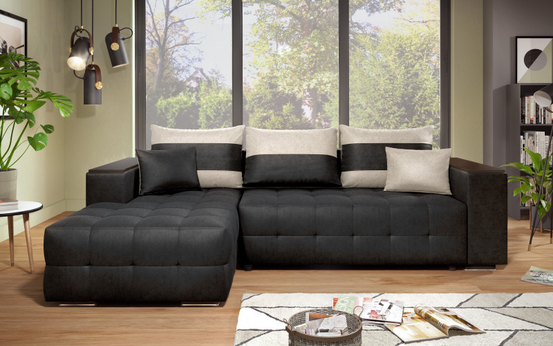 Extendable corner sofa with shelf armrest Melvin S, black + light beige  3