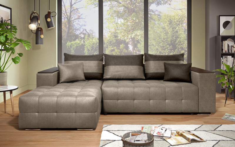 Extendable corner sofa with shelf armrest Melvin S, dark beige + dark brown  2