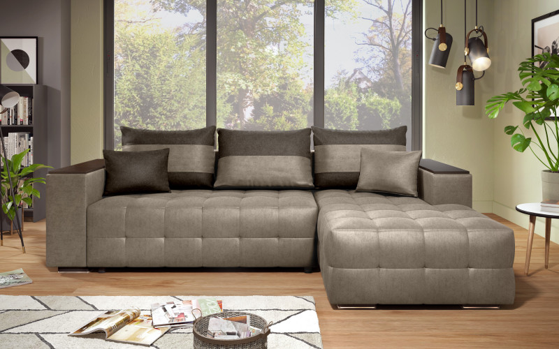 Extendable corner sofa with shelf armrest Melvin S, dark beige + dark brown  2