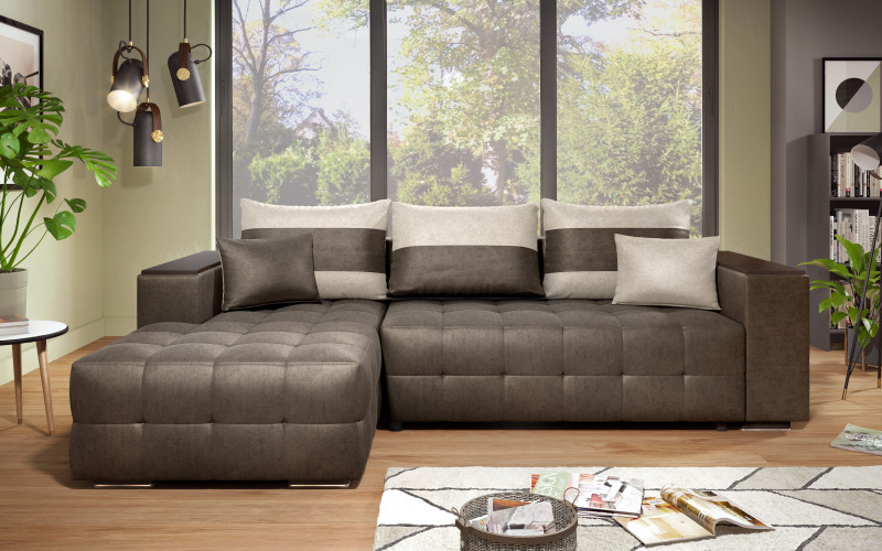 Extendable corner sofa with shelf armrest Melvin S, dark brown + light beige  1