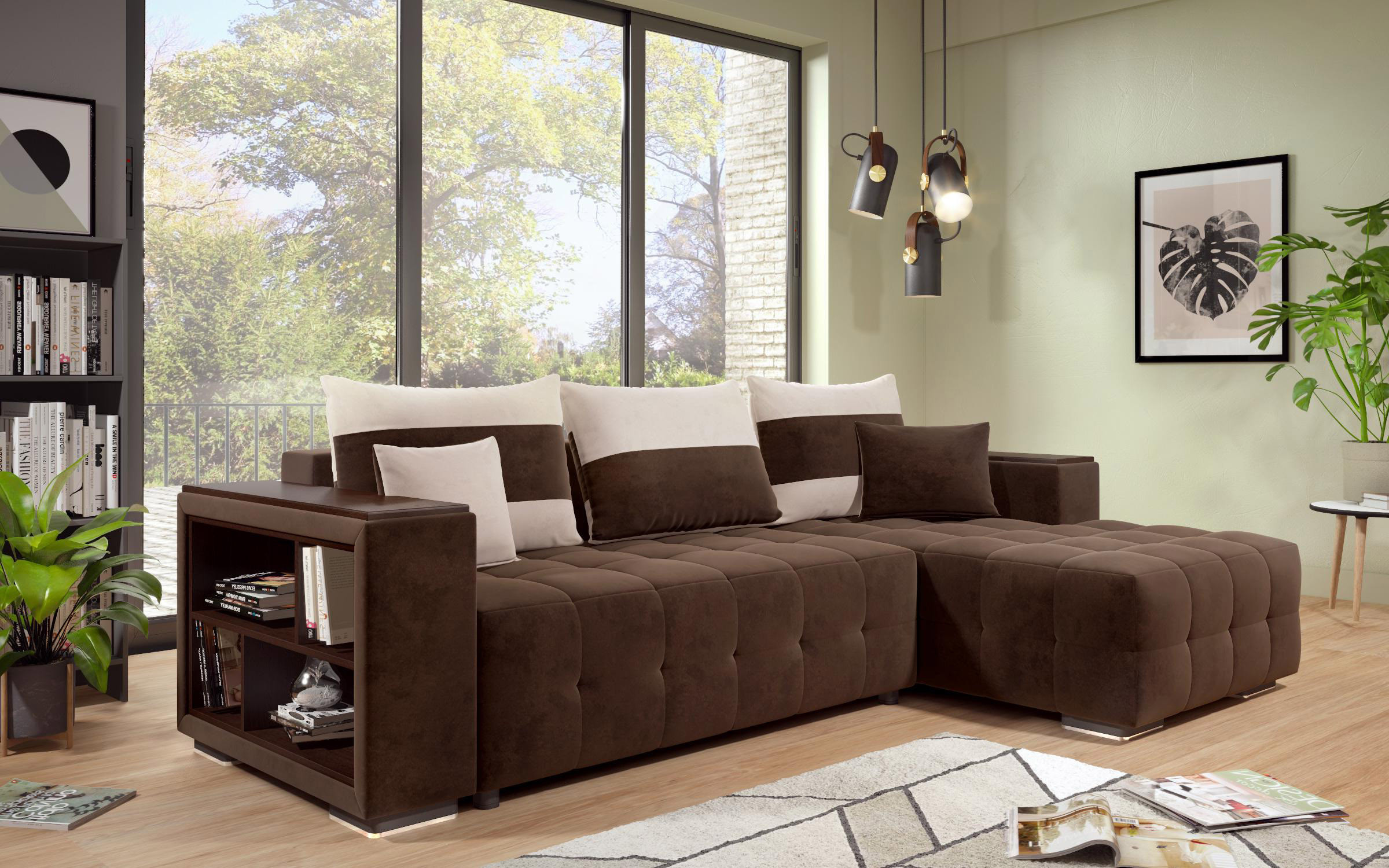 Sofa Melvin S with chaise + mini shelf armrest, dark brown + light beige  4