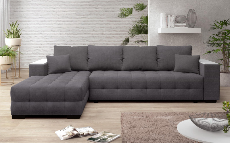 Extendable corner sofa with shelf armrest Melvin Spring, dark grey  1