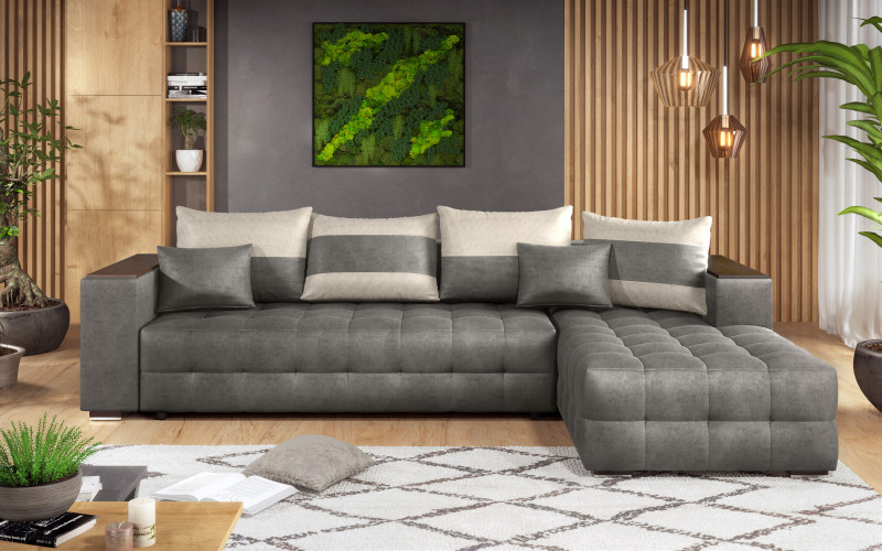 Extendable corner sofa with shelf armrest Melvin, grey + light beige  1