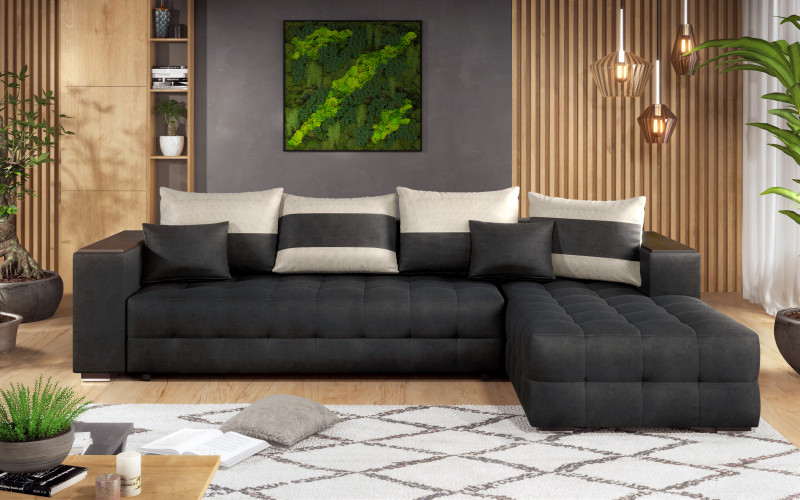 Extendable corner sofa with shelf armrest Melvin, black + light beige  3