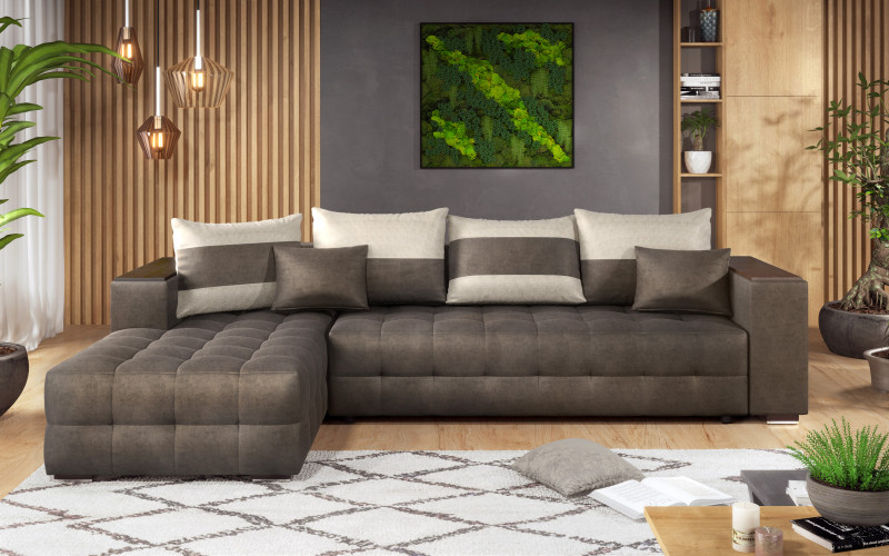 Extendable corner sofa with shelf armrest Melvin, dark brown + light beige  3