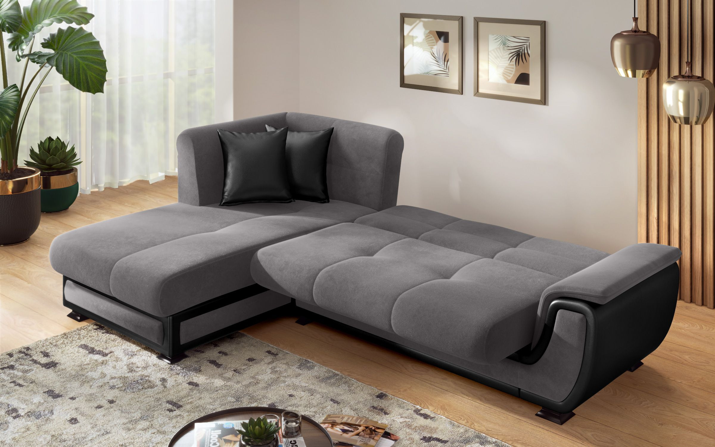 Extendable sofa Princess S II + click- clack mechanism, grey + black leather  7