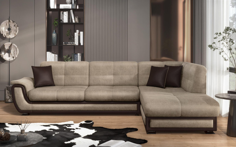 Extendable corner sofa + click-clack mechanism Princess ΙΙ, dark beige + brown leather  1