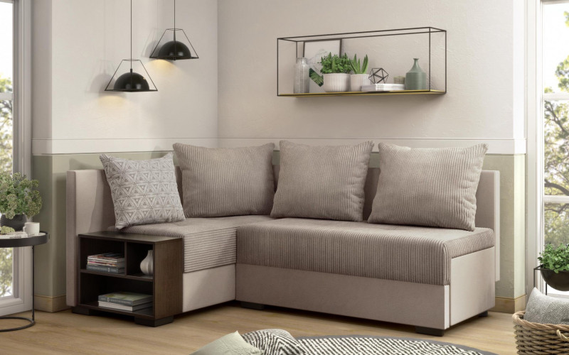 Extendable corner sofa with shelf armrest Verdi, beige  1