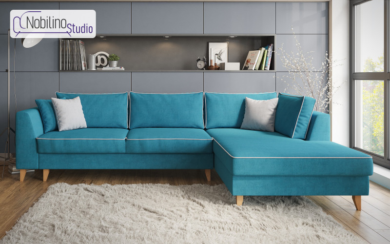 Extendable corner sofa Bologna, azure blue + light grey  1