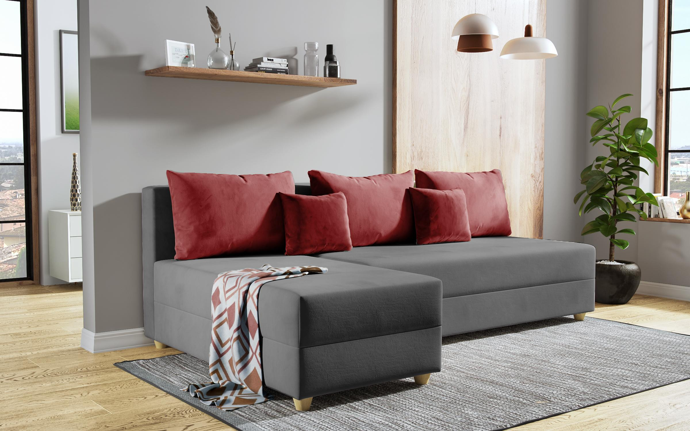 Extendable corner sofa Dafini, grey + red  2