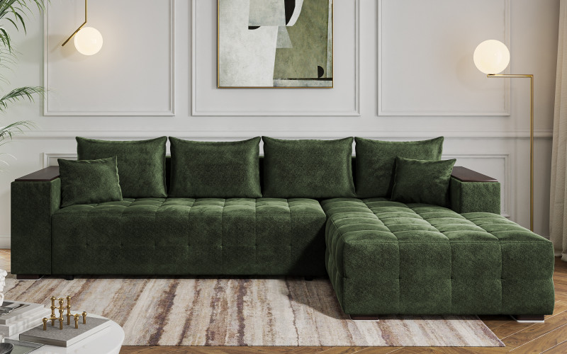 Extendable corner sofa with shelf armrest Melvin Spring, green  1