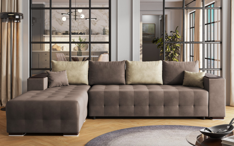 Extendable corner sofa with shelf armrest Melvin Spring, brown + beige  1