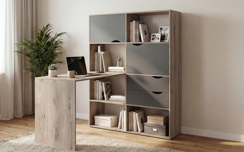 Desk with shelf unit Elix, light Scandinavian oak + anthracite matt  1