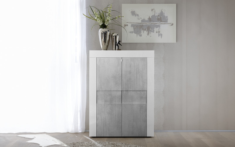 Tall cabinet Arova, white gloss + concrete  1