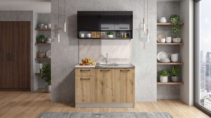 Kitchen with included thermo countertop Ferrero, black gloss + Evoke oak  1