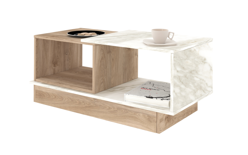 Coffee table Bonzi, Honey oak + white marble decor  1