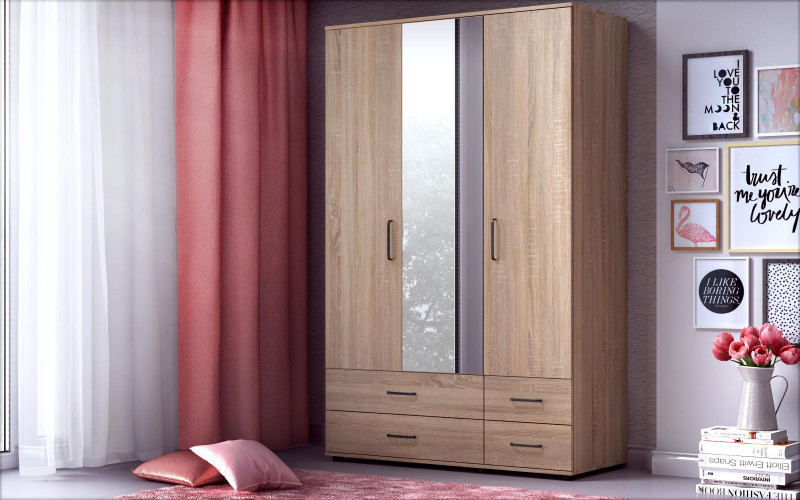 Three-winged wardrobe with drawers and mirror Eron S, Sonoma oak  1