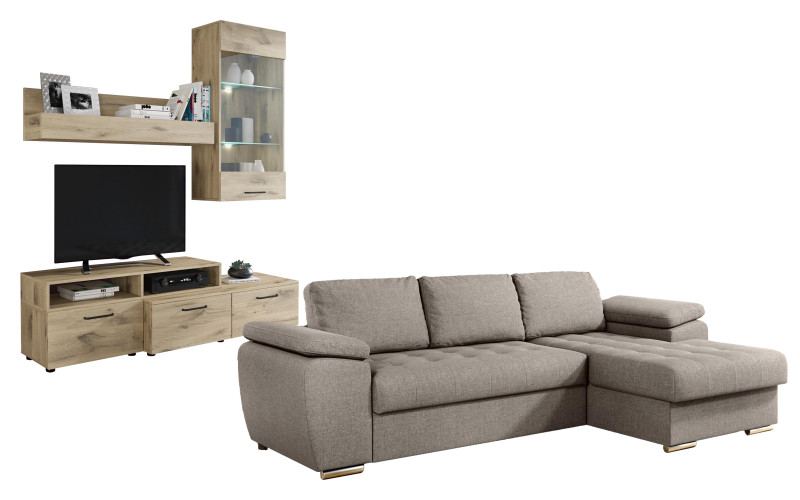 Living room set Sofa Valencia Pocket + Shelf unit Shelly, beige + light Scandinavian oak  1