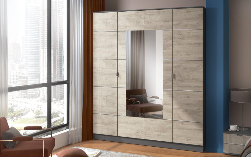 Four-winged wardrobe Devin Nature, anthracite + Raw oak  1