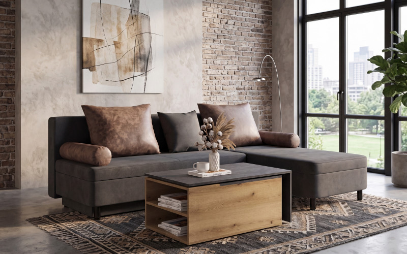 Set Extendable corner sofa Delano Prime + coffee table Karuzo, grey + brown + Evoke oak + Magma  1