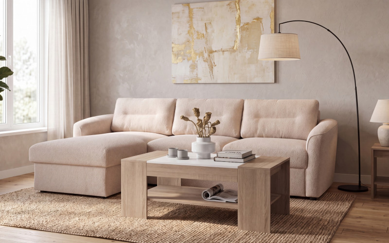 Set Extendable corner sofa Dorian + coffee table Sima, light beige + Sonoma oak + white  1