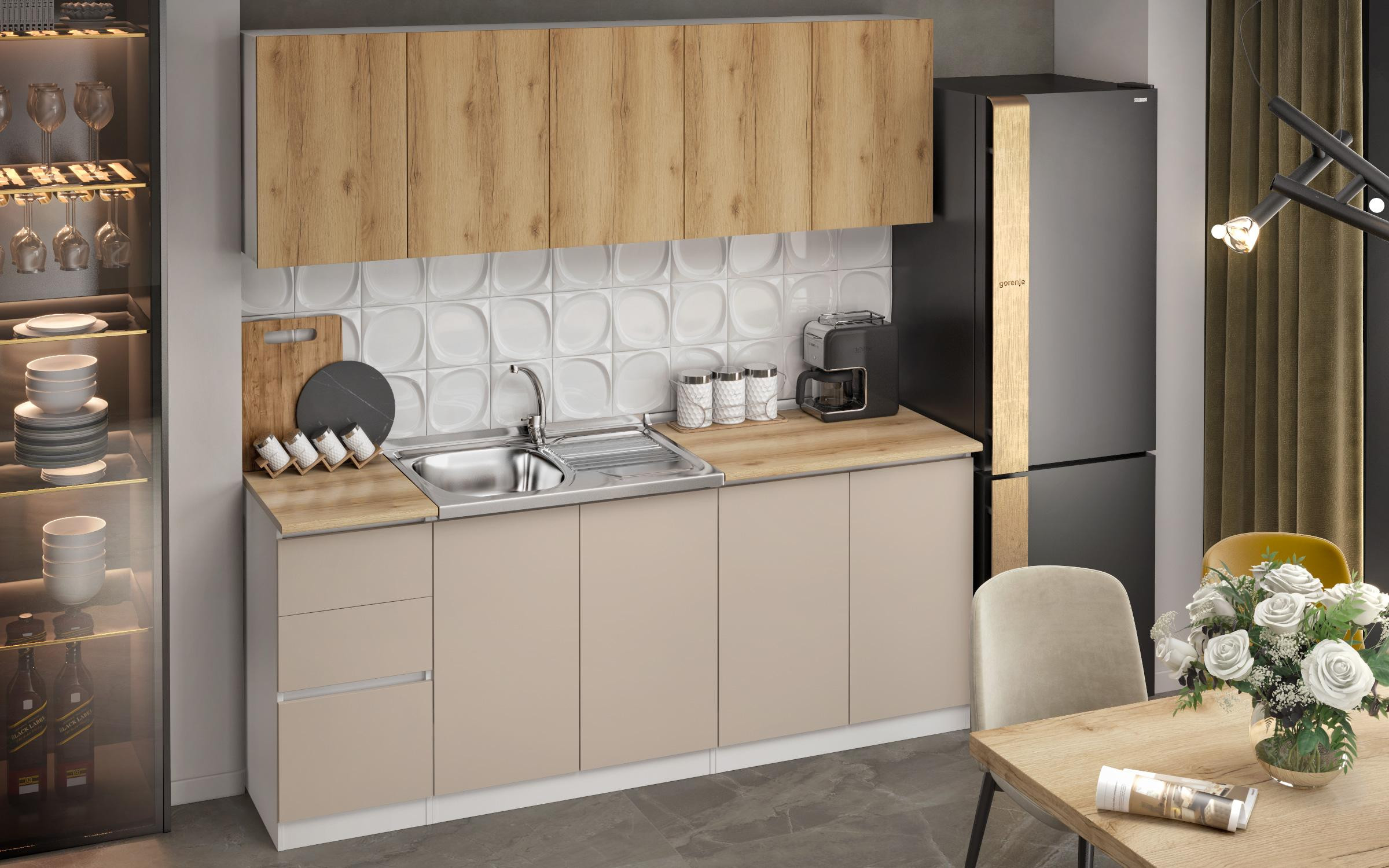 Kitchen Alma, white + satin + Gran Sasso oak  2