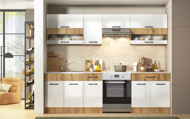 Kitchen with included thermo countertop Victoria, Evoke oak + white gloss  1